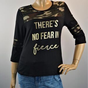 There's No Fear In Fierce Motivation Shirt Camouflage Black Gold Lettering Sz M